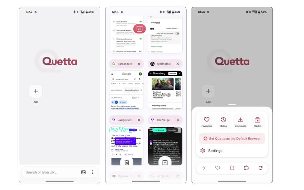 quetta browser screenshots showing a simple home screen, tab view, and quick settings with a clean and clutter-free interface on android