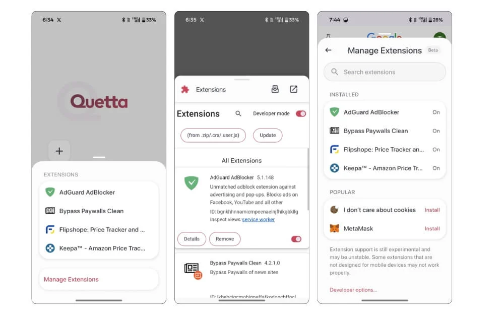 quetta browser with extension support on mobile