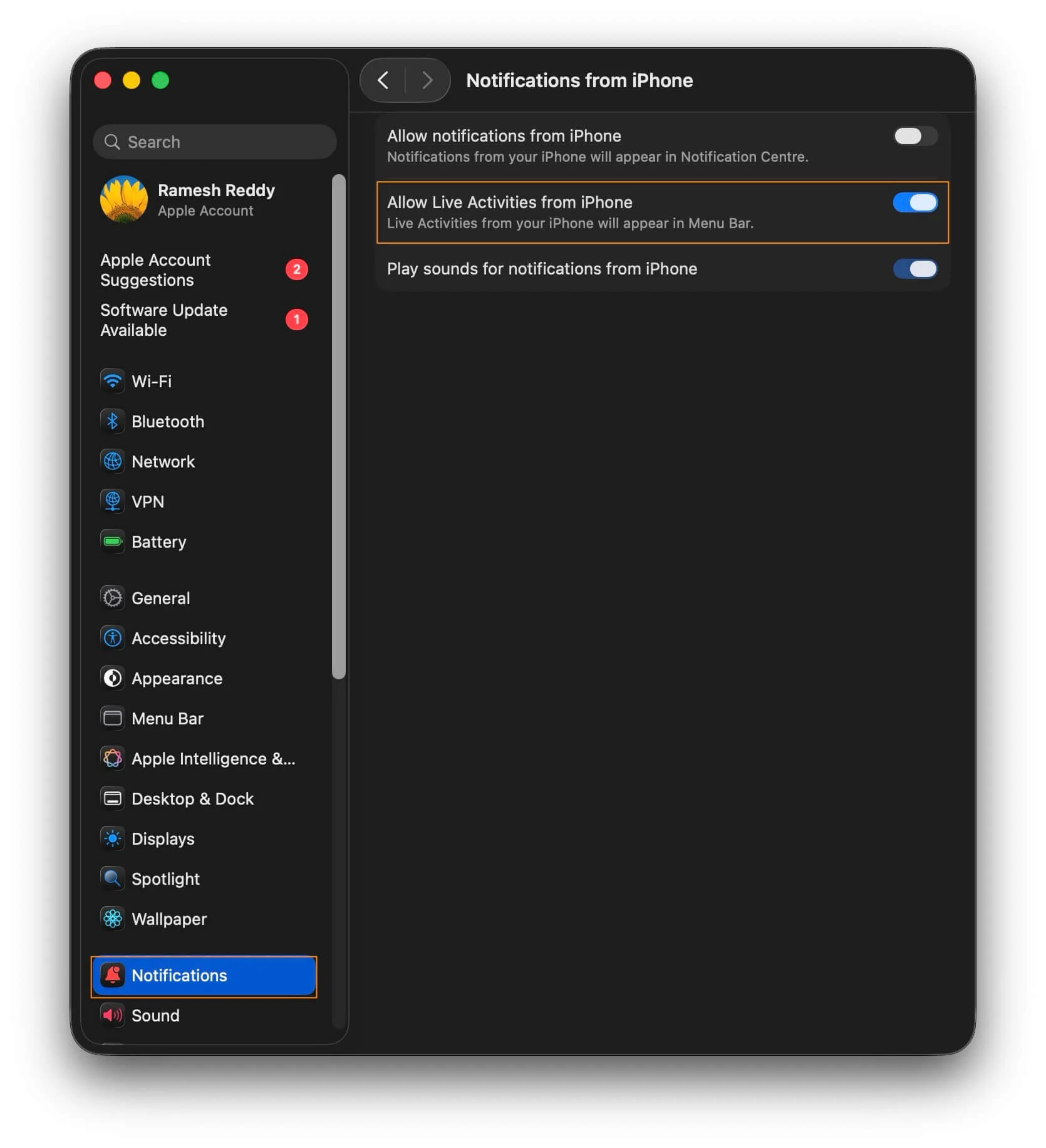 how to enable live activities from iphone on mac