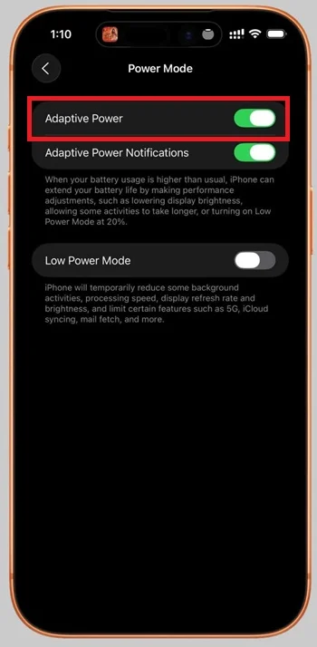 adaptive power mode ios 26