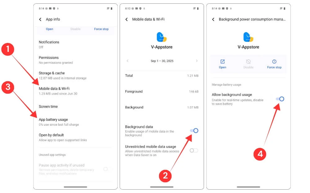 disable mobile data and background battery app usage for vivo app store