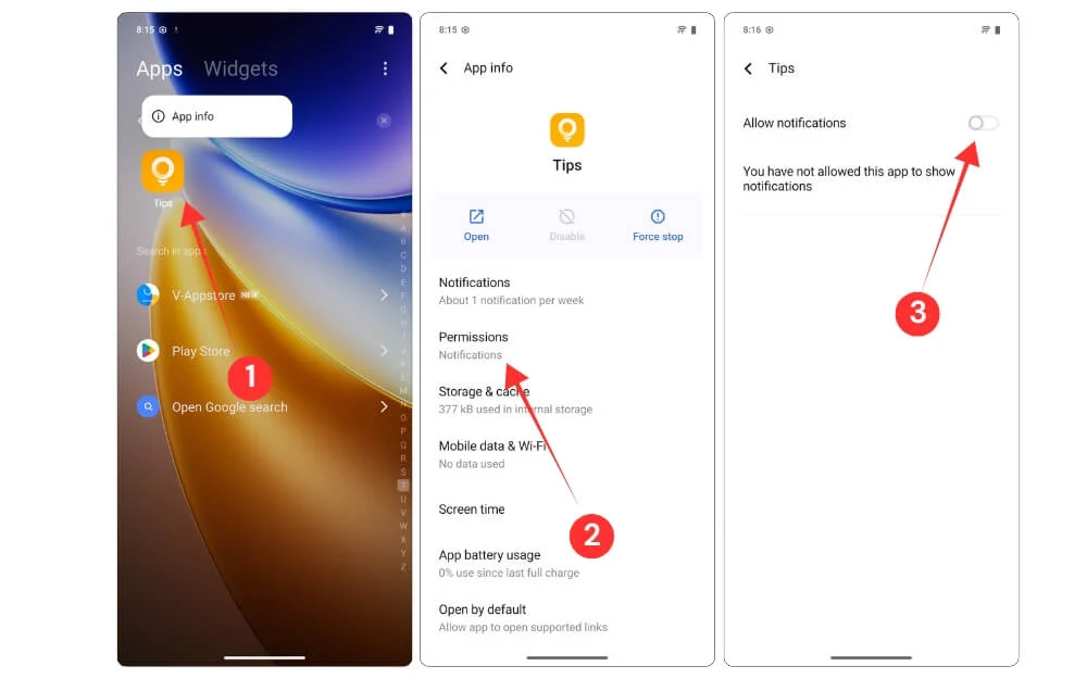 disable notification permissions for tips app on vivo smartphone