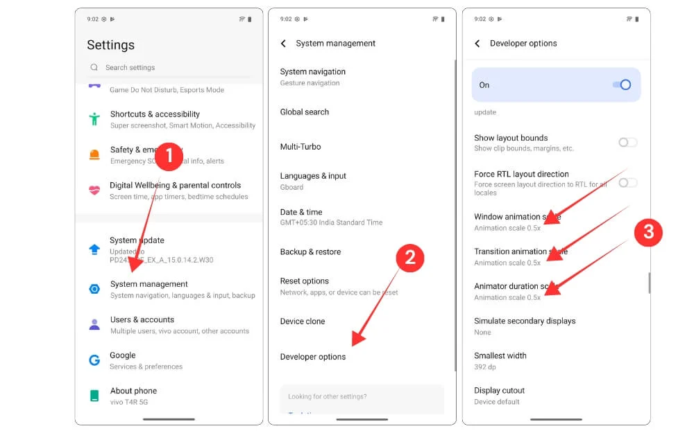 reduce animations on a vivo smartphone using developer settings 