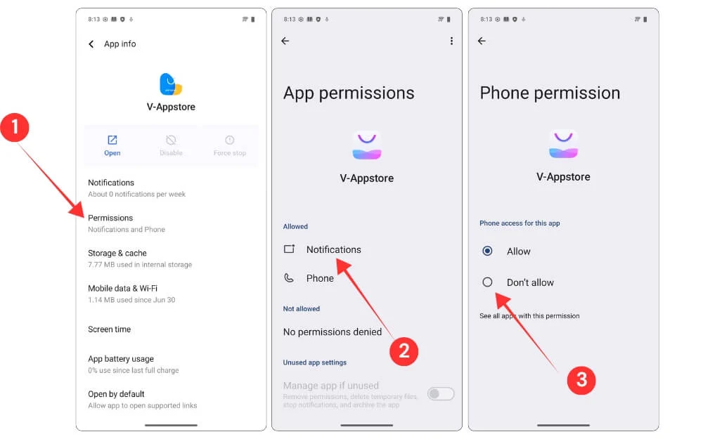disable notification and phone permission for vivo app store app