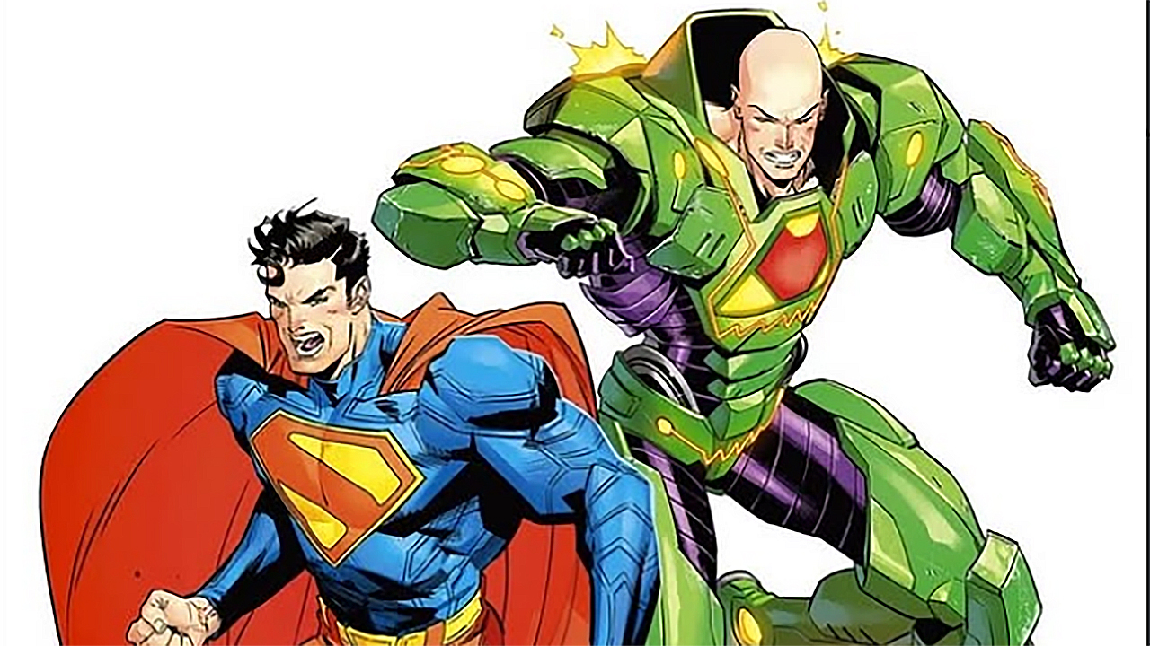 Un desen colorat al lui Jorge Jimenez al lui Superman și Lex Luthor purtând armura de putere