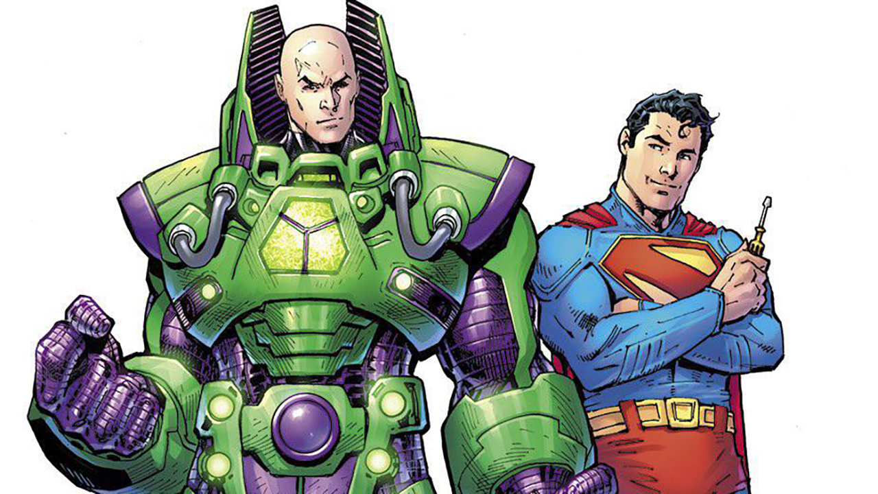O ilustrare Jim Lee a lui Lex Luthor în Powersuit -ul său cu Superman sprijinit de el