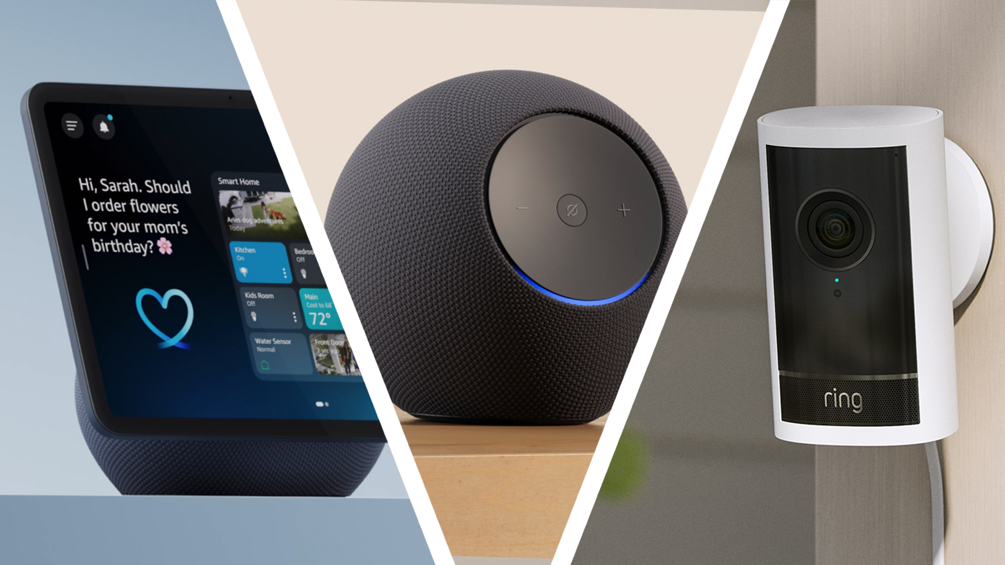 Un espectáculo de Echo de Amazon junto a un punto de eco y un timbre de anillo