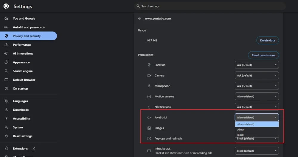 disable javascript for youtube on chrome