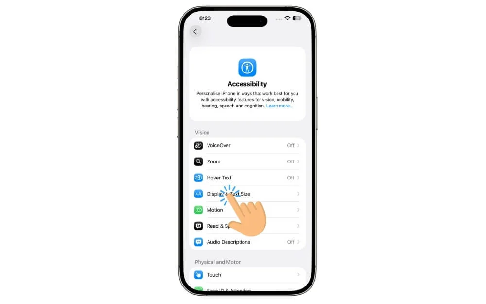 tap on display and text size 
