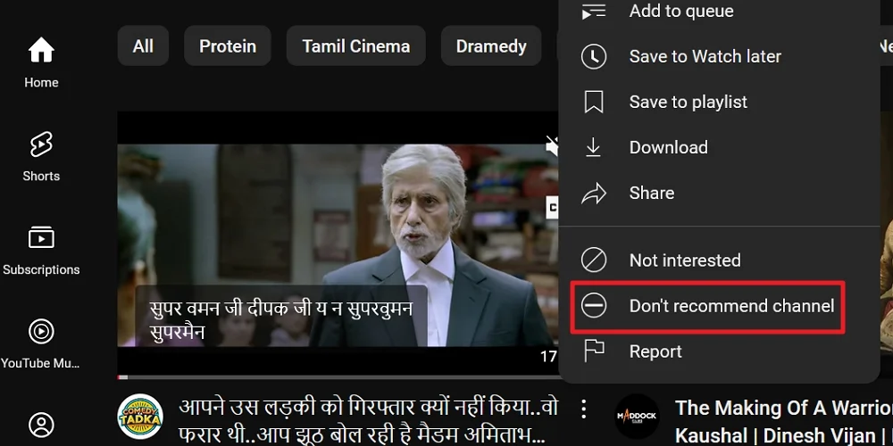 don't recommend channel on youtube