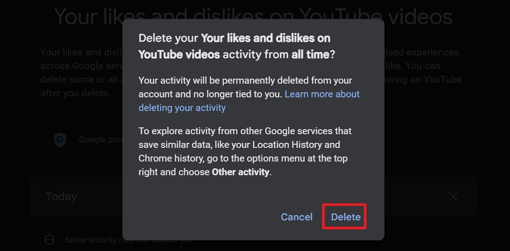 confirm deleting all likes and dislikes on youtube