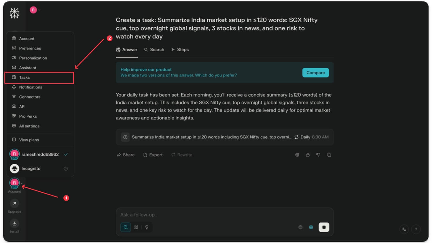 tasks option in the profile 