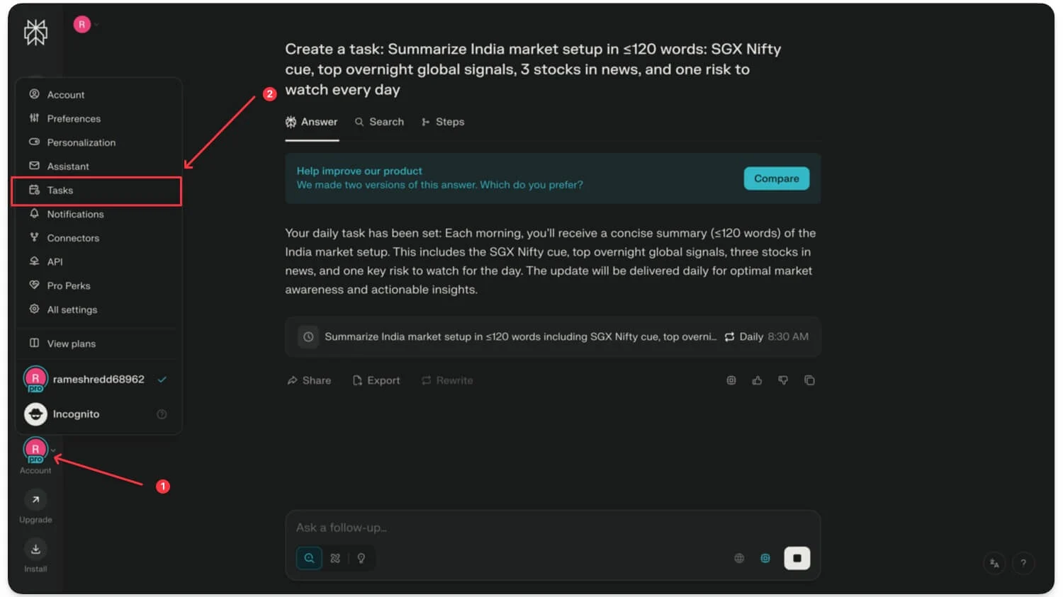 tasks option in the profile