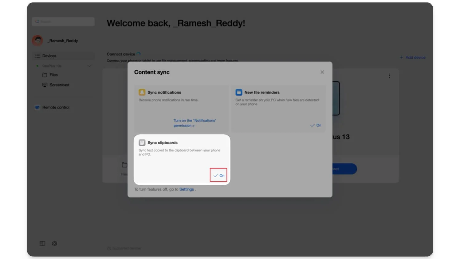 クリップボードの同期機能がオンになっていることを確認してください ensure sync clipboard feature is turned on