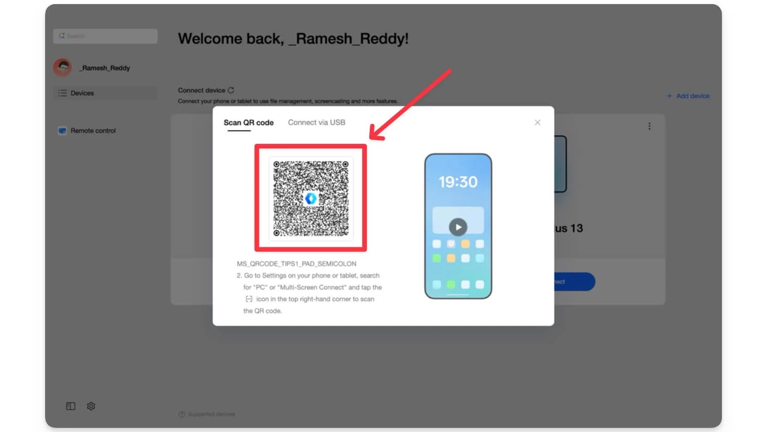 qrをスキャンしてoneplusスマートフォンをMacに接続します scan qr to connect your oneplus smartphone to the mac