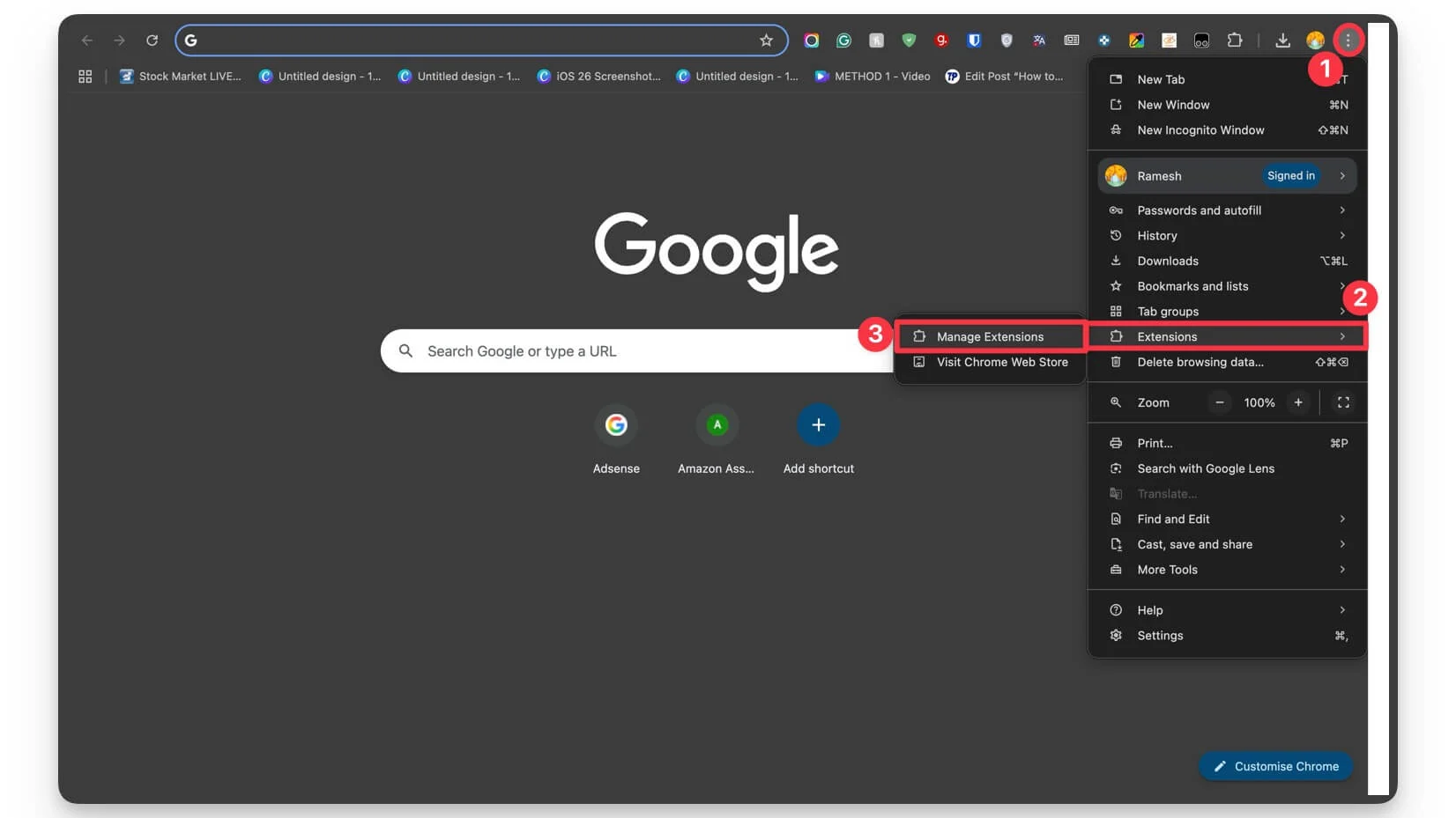 الوصول إلى إدارة إعدادات الإضافة على جوجل كروم access manage extension settings on google chrome