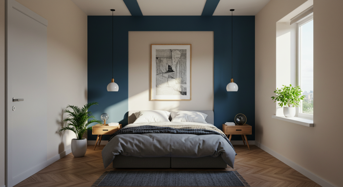 Una camera da letto con un letto e un'immagine alla pareteI contenuti generati dall'intelligenza artificiale potrebbero non essere corretti.