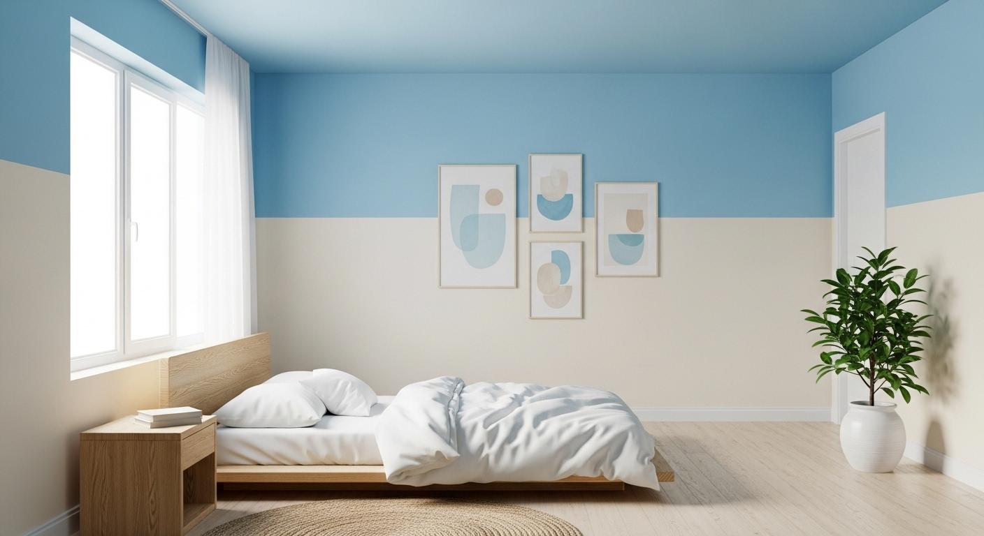 Un letto in una stanza con pareti blu e bianche. I contenuti generati dall'intelligenza artificiale potrebbero non essere corretti.