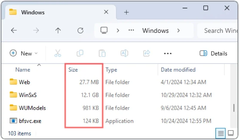file explorer showing folder sizes on a windows 11 computer.
