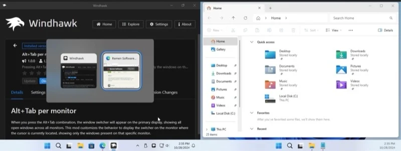 alt+tab window switcher on windows 11 showing open apps per monitor.