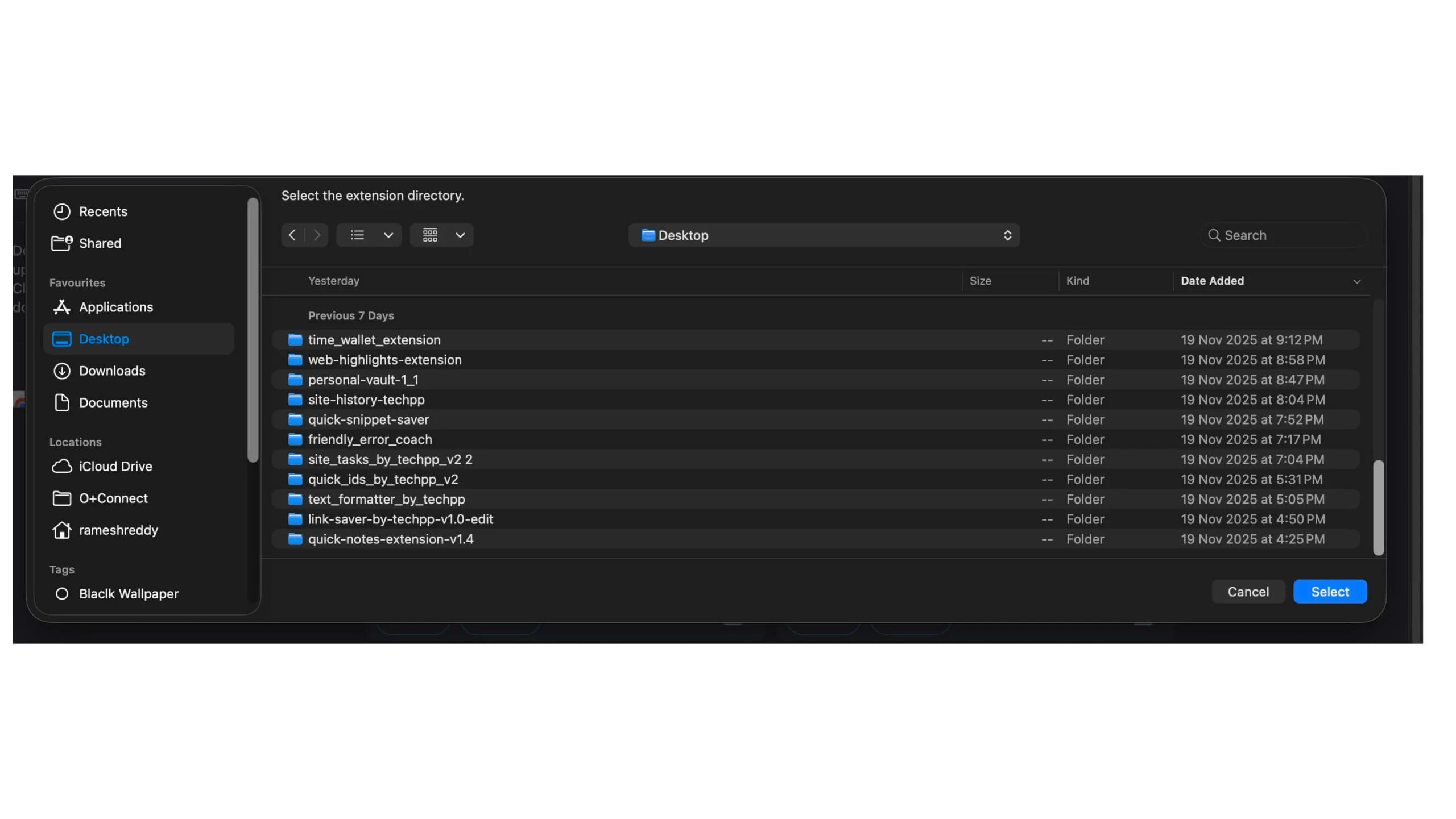 select the downloaded extension 