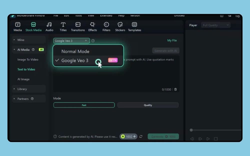 Filmore 视频编辑器中的 google veo 3 模型 google veo 3 model in filmore video editor