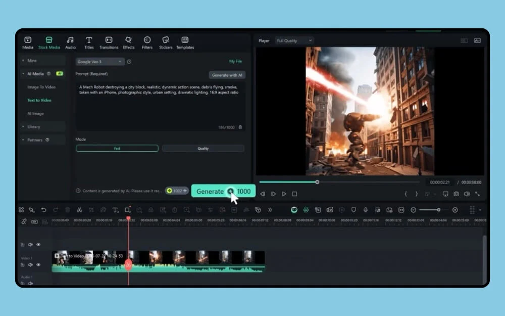 将 google gemini veo 3 生成的剪辑添加到您的时间线 add google gemini veo 3 generated clip to your timeline