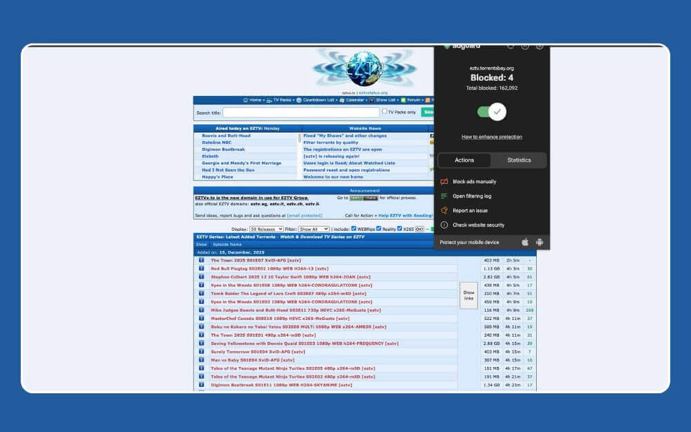 using adblocker to block ads in eztv