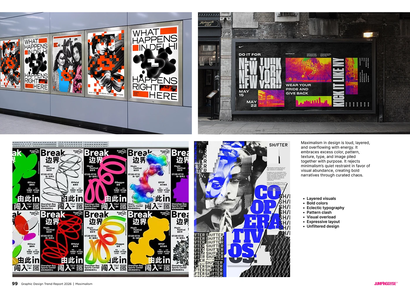 Expressive maximalist design featuring vibrant palettes, mixed visuals, and rich textures