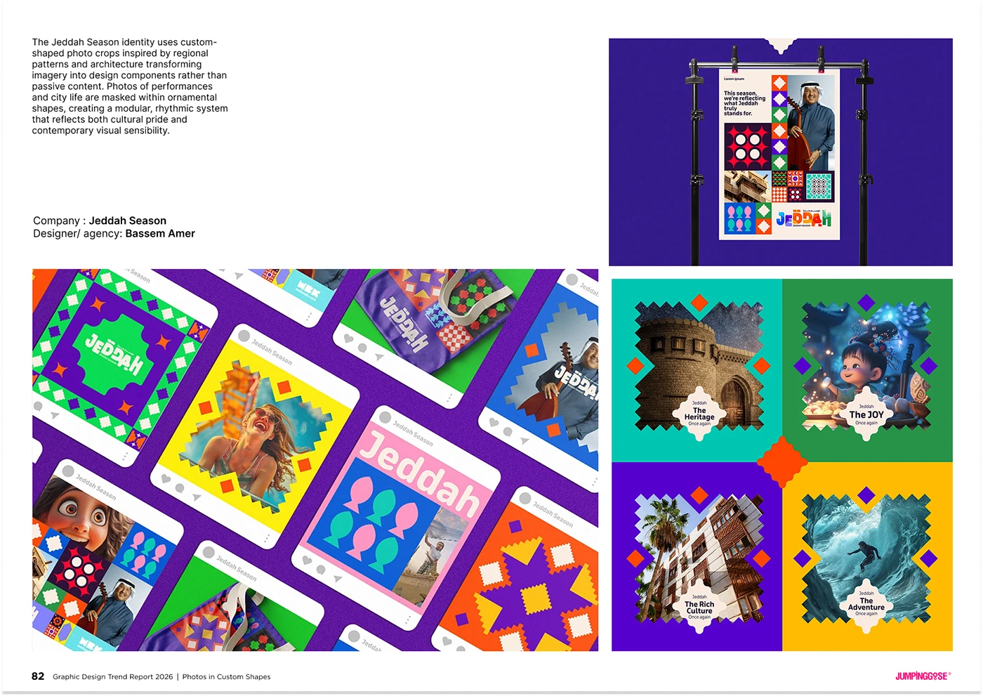 Modern graphic design showcasing images placed in non-rectangular custom shapes