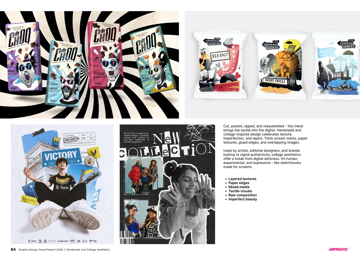 Graphic design collage combining tactile materials, illustration, and typography