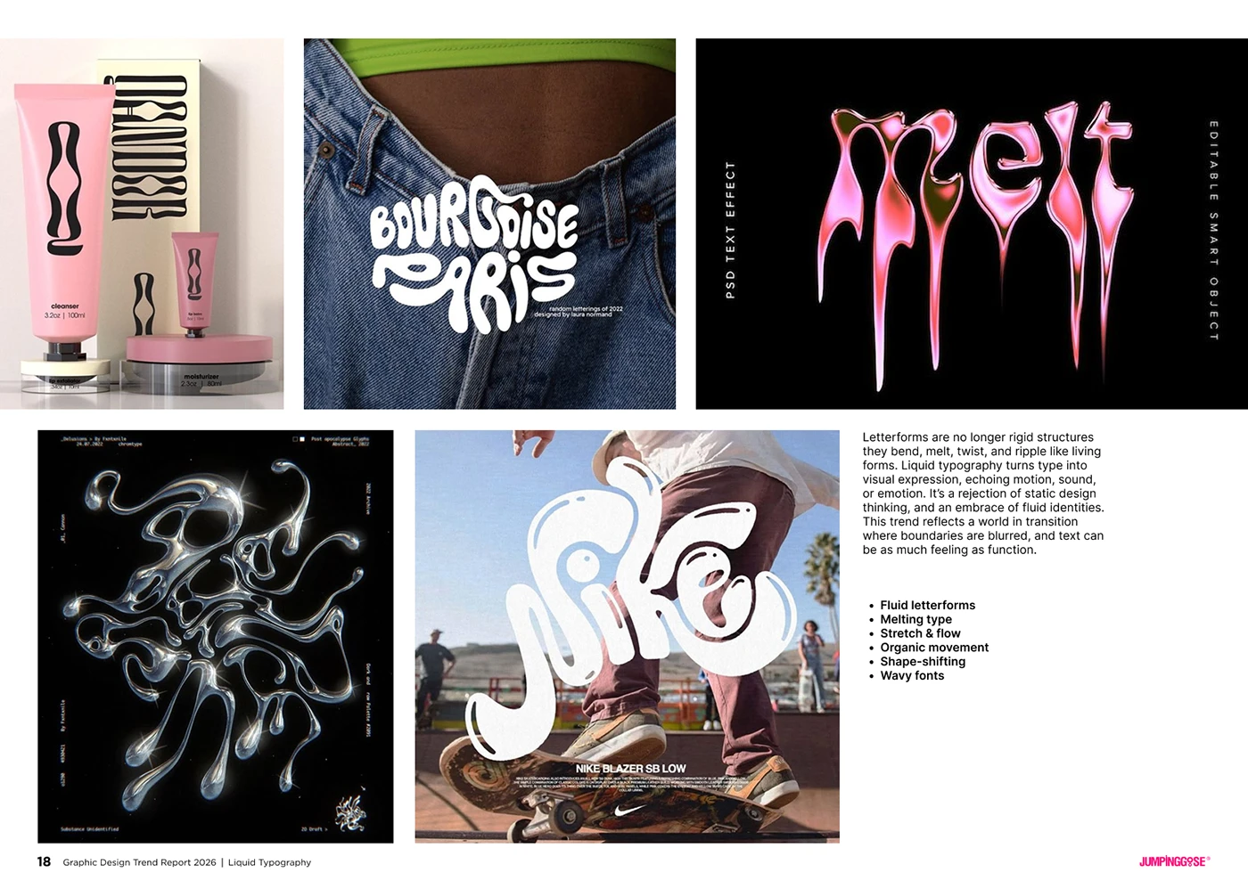 Experimental liquid typography with elastic letterforms suggesting motion and fluidity