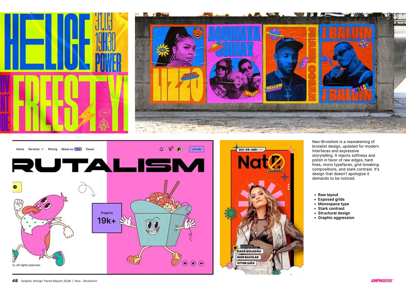 Bold neo-brutalist design using oversized type, rigid structure, and visual tension