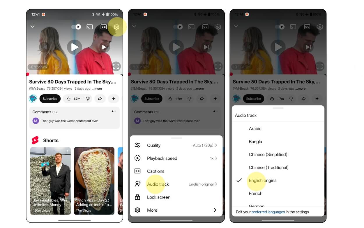 change youtube long video audio track on mobile 