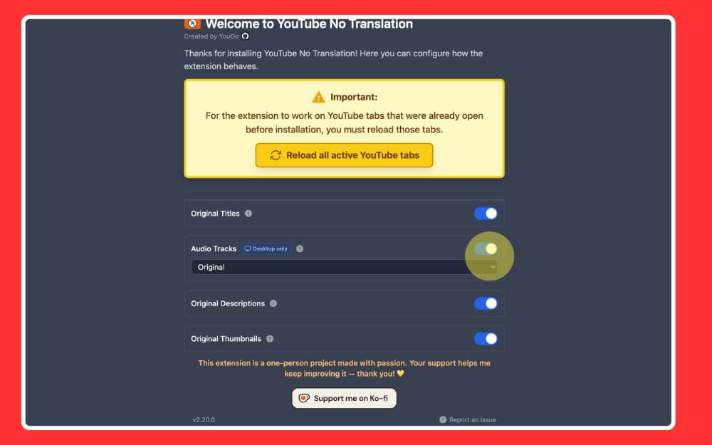 youtube no translation extension settings 