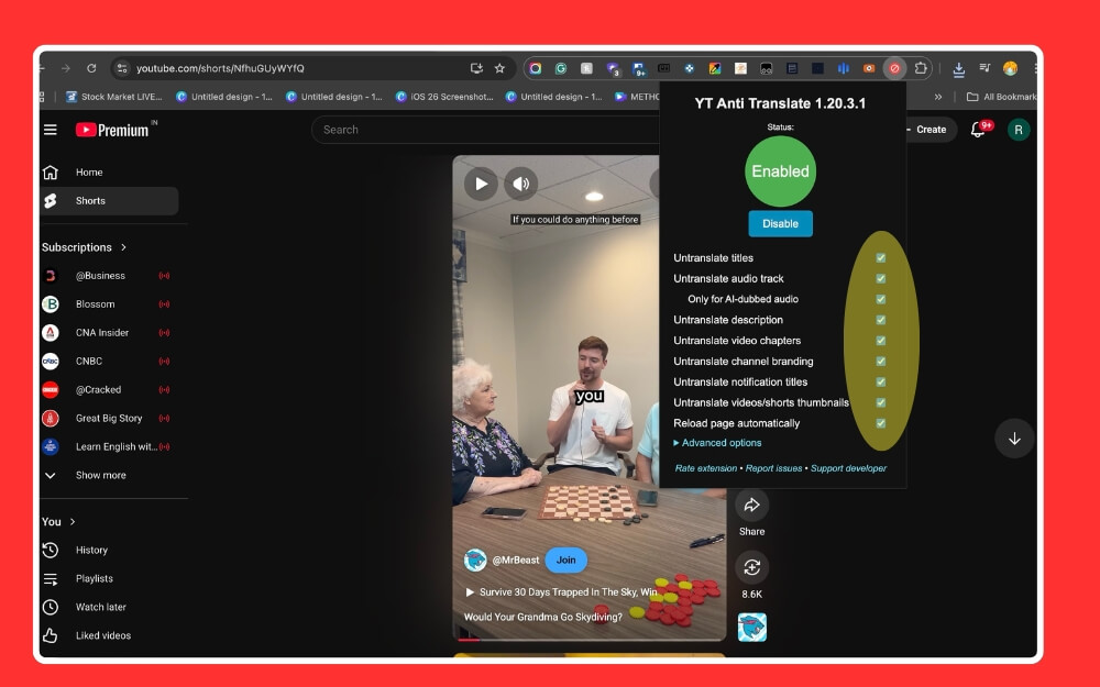 youtube no translate extension settings 