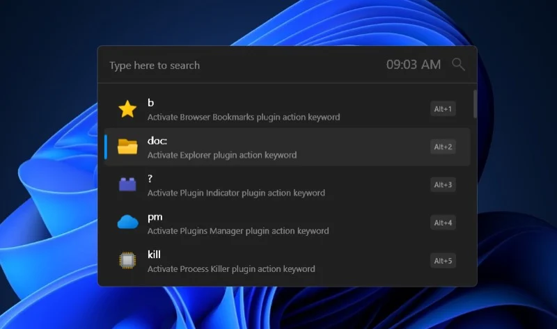 flow launcher search window on a windows 11 desktop.
