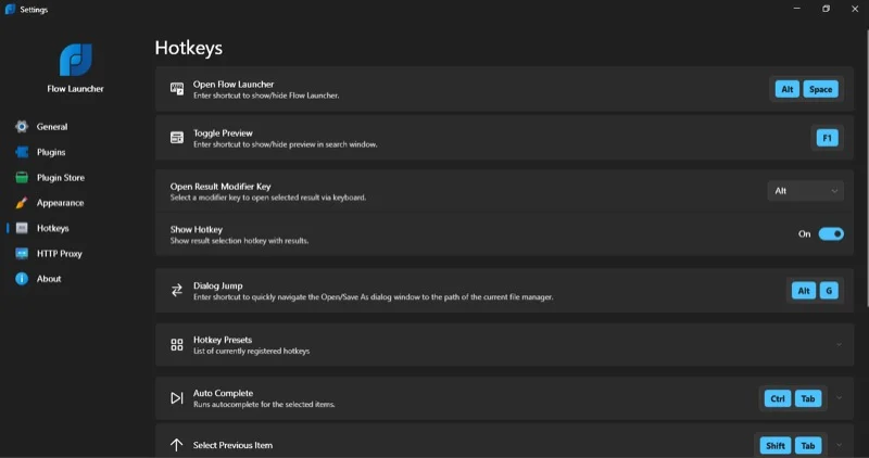 flow launcher hotkeys customization page.