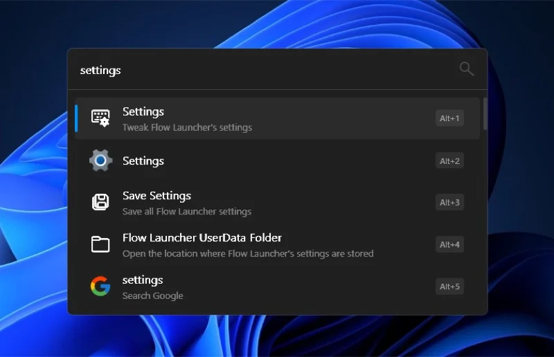 accessing flow launcher settings via the search window.