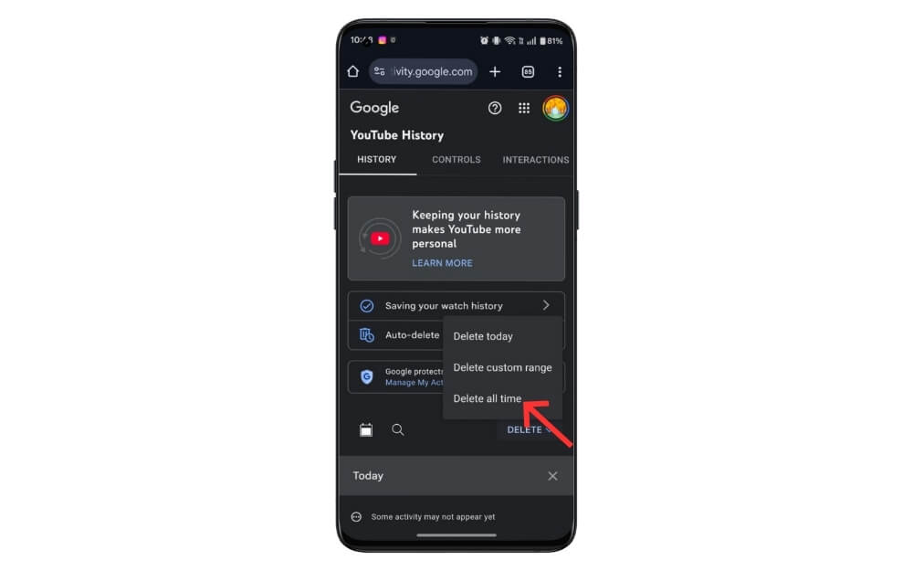 delete entire youtube history at once