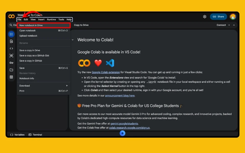 create a new notebook in google collab