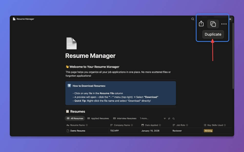 duplicate resume template notion 