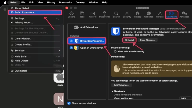 uninstall safari extensions