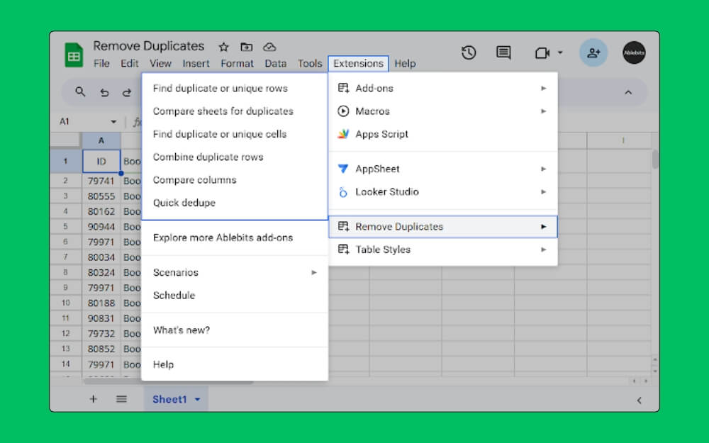 remove duplicates - clean data in google sheets