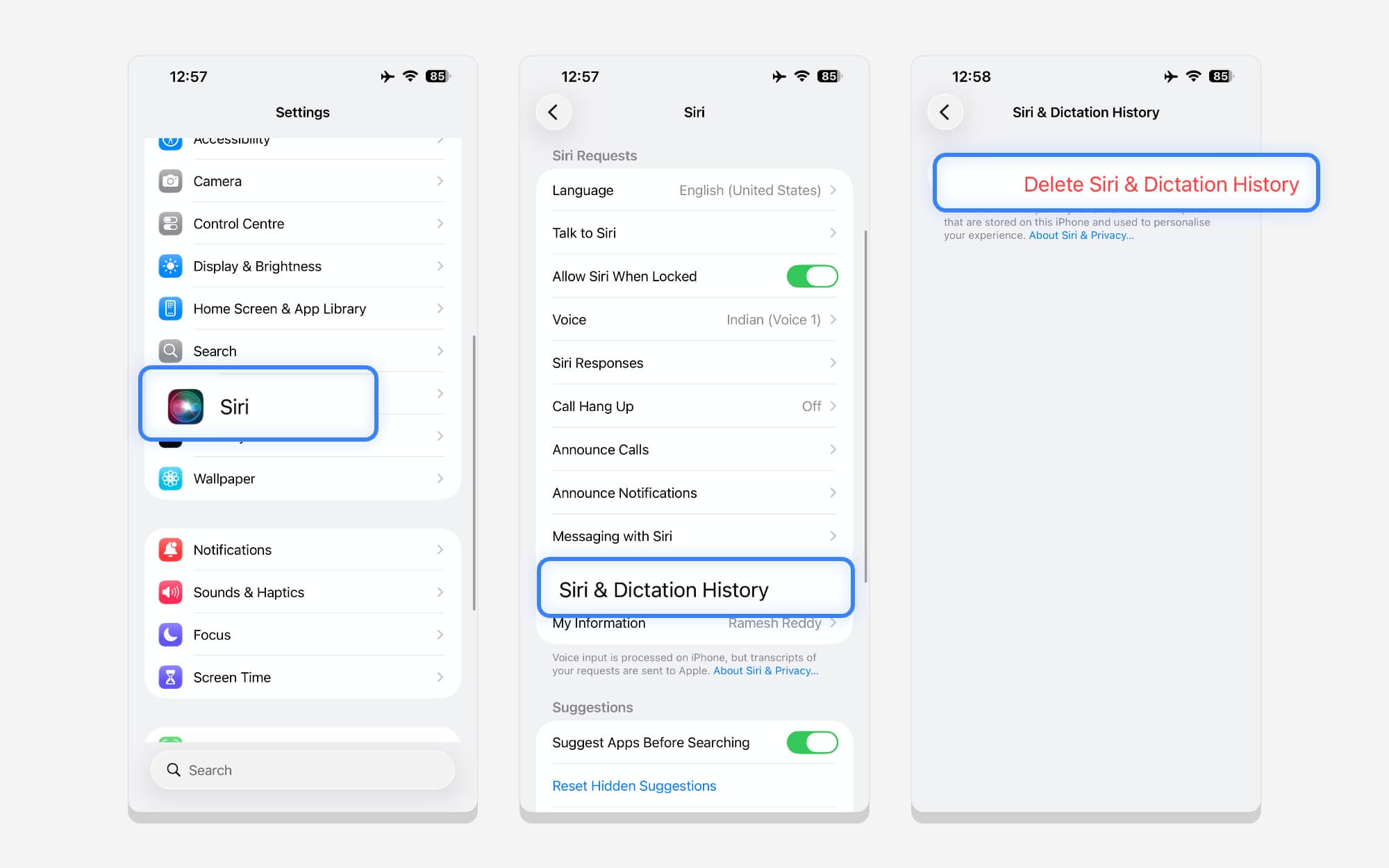 how to delete siri dictation history