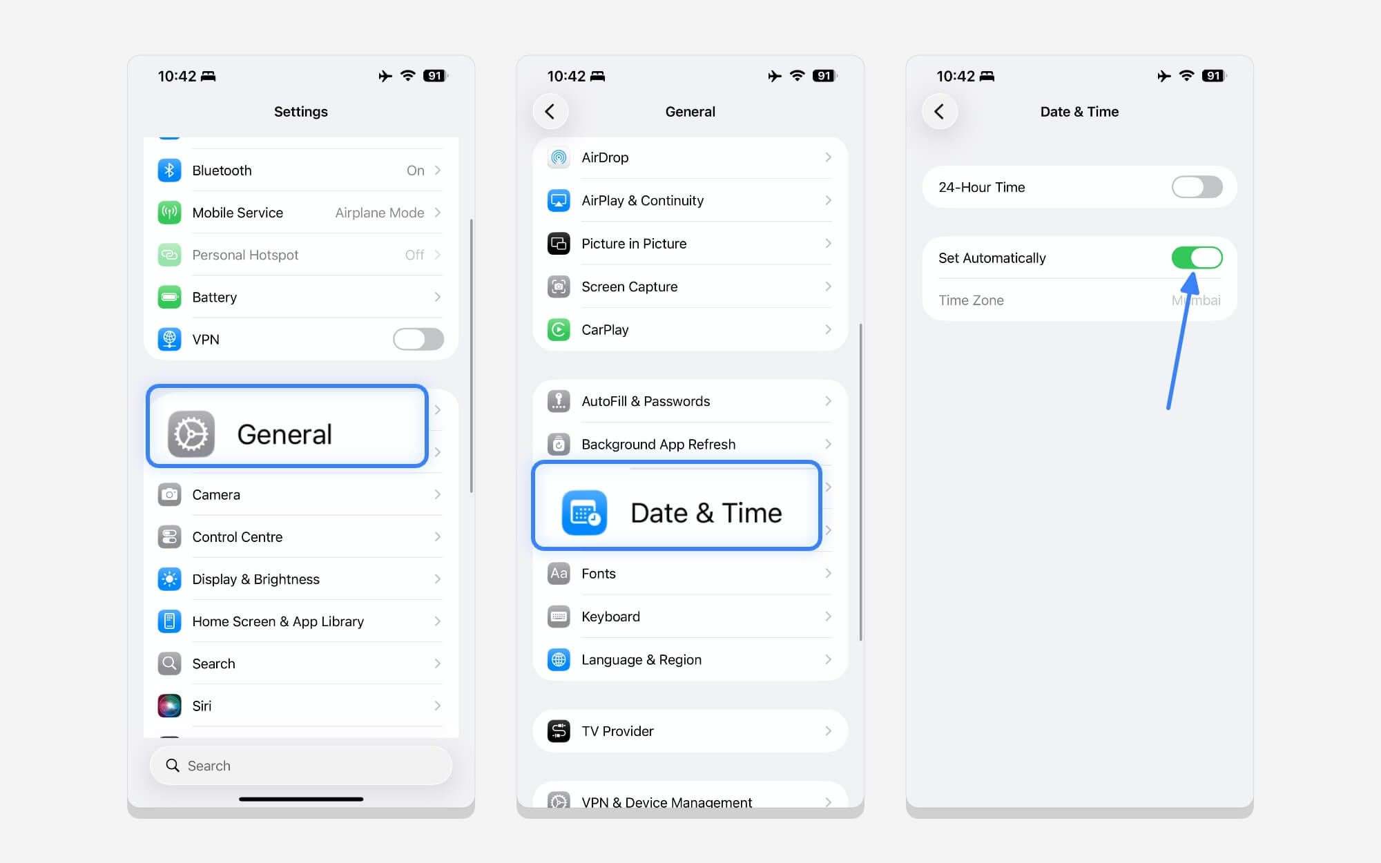 how to set automatic date and time on iphone