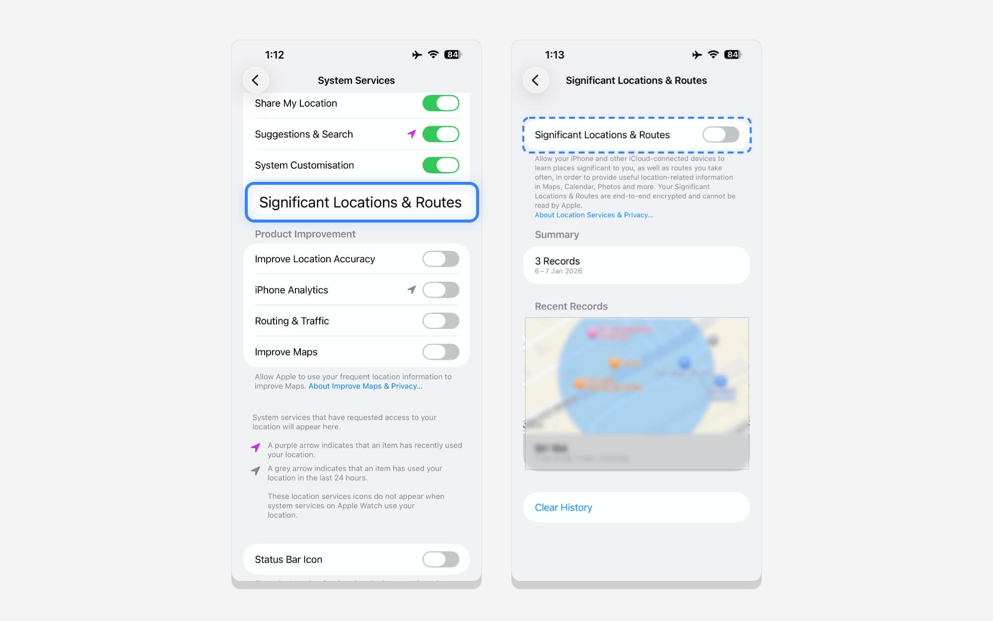 turn off significant locations and route settings on iphone