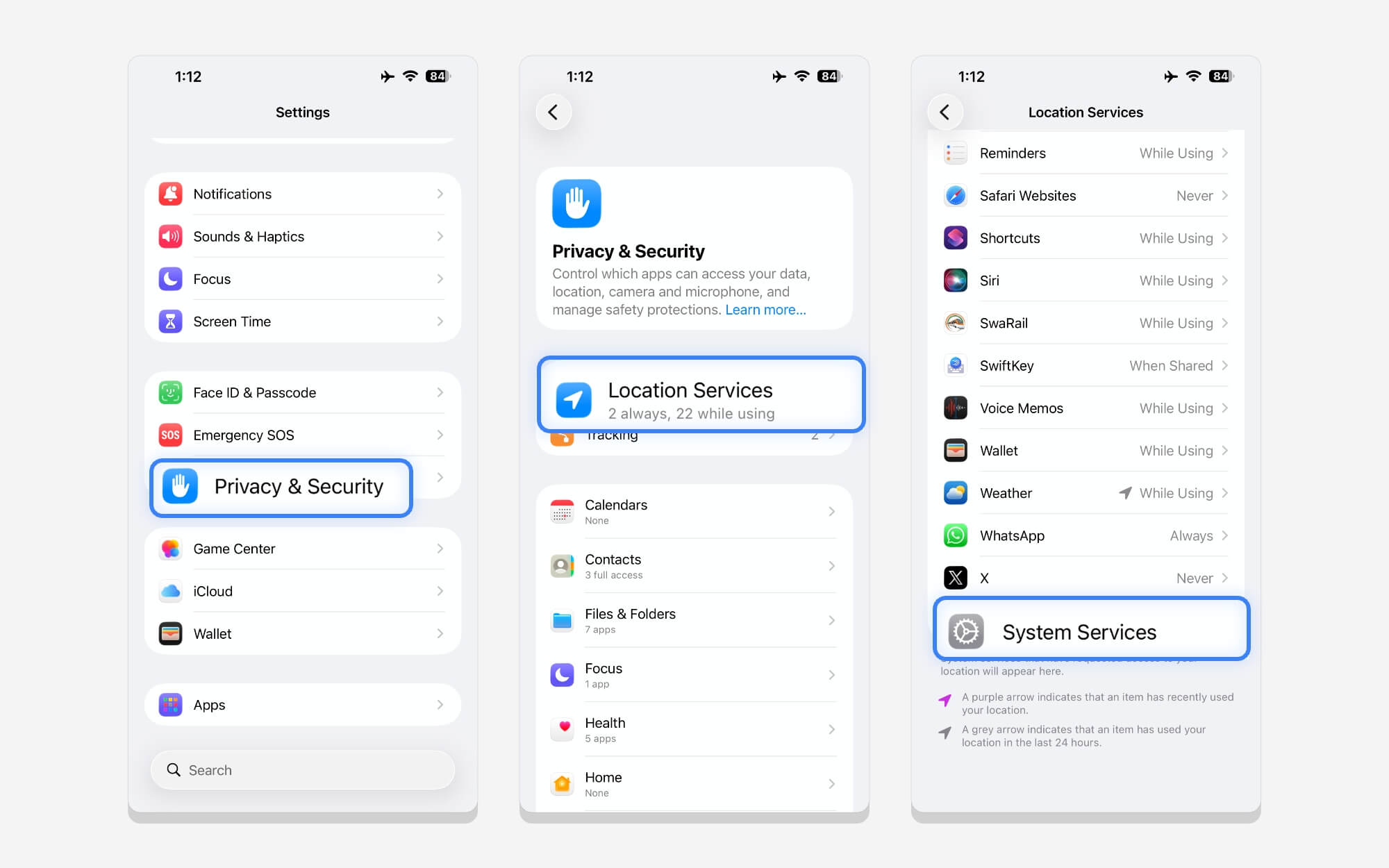 system services settings on iphone