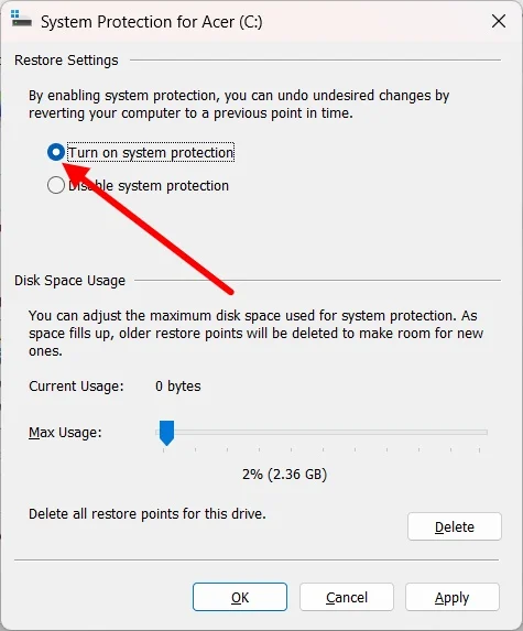 turn on system protection