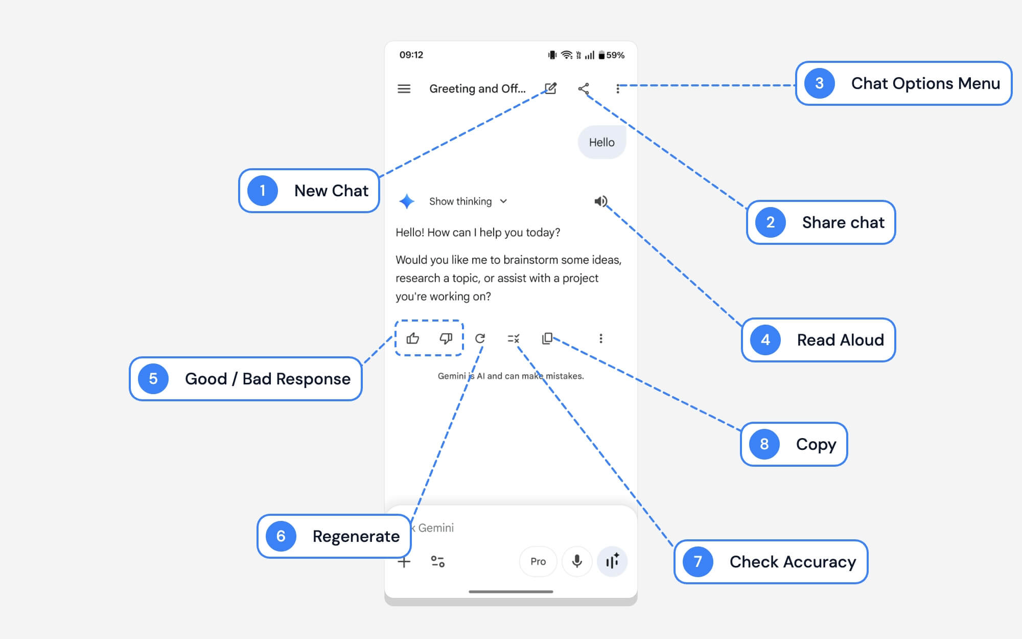 谷歌雙子座聊天介面中的各種圖示和選項是什麼意思 what does various icons and options mean in google gemini chat interface